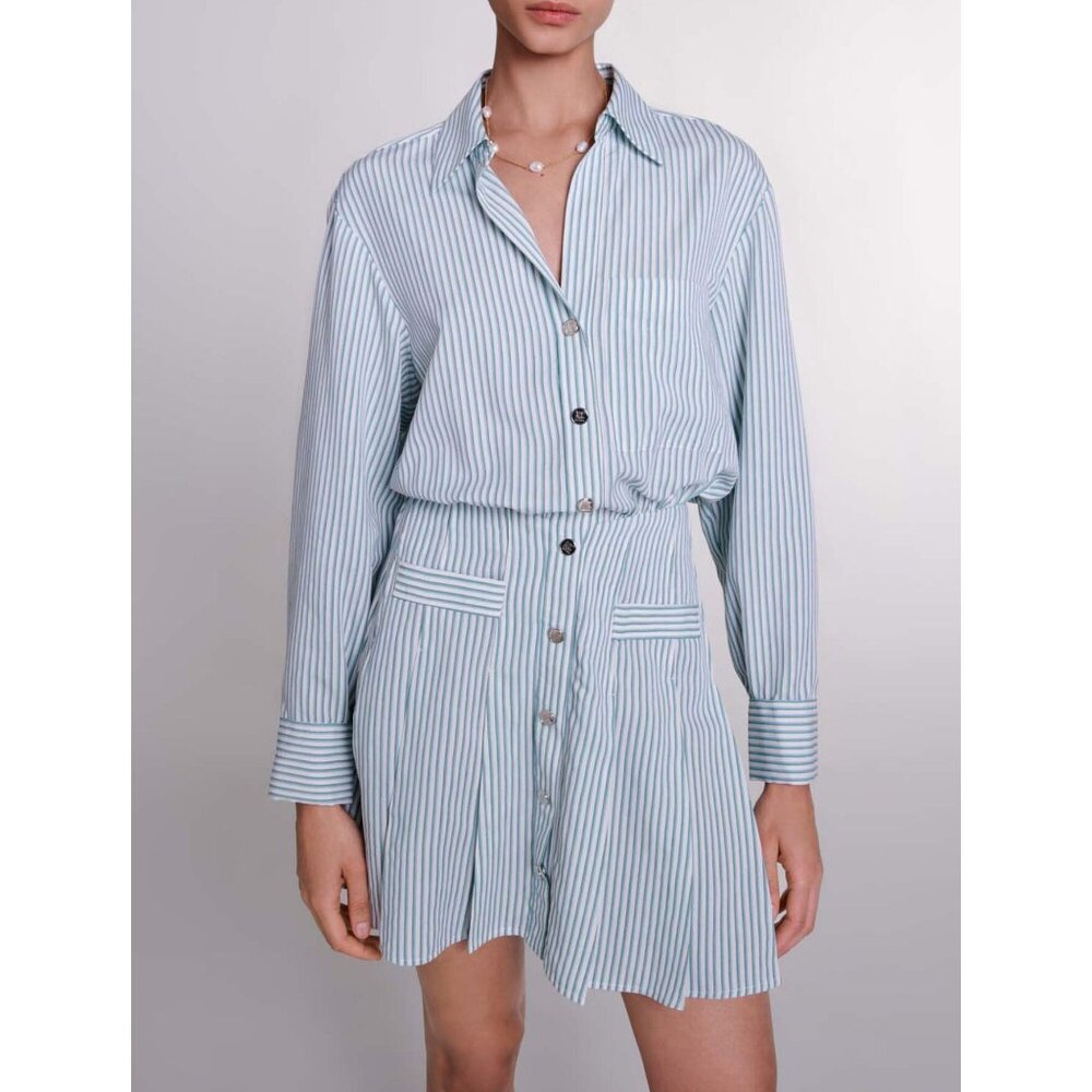 Maje Size M NEW Blue & White Striped Long Sleeve Button-Front Mini Shirt Dress - Picture 11 of 16